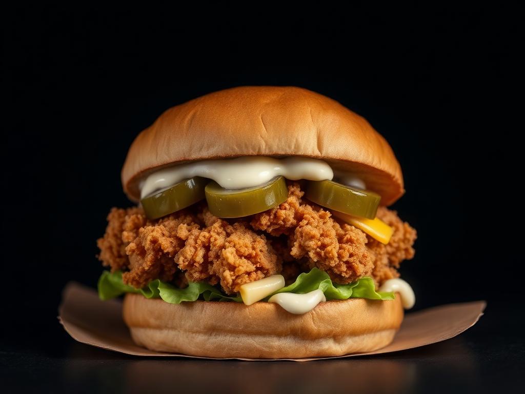 Crispy chicken sandwich with pickles and sauce