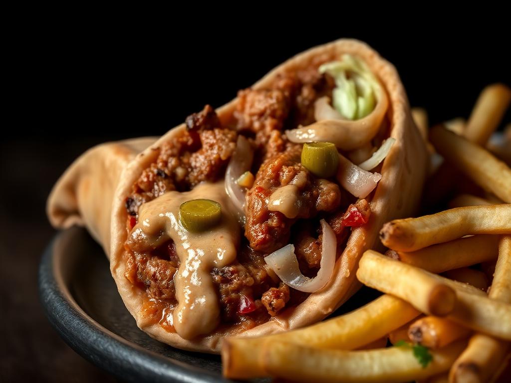 Juicy shawarma wrap with garlic sauce and fries