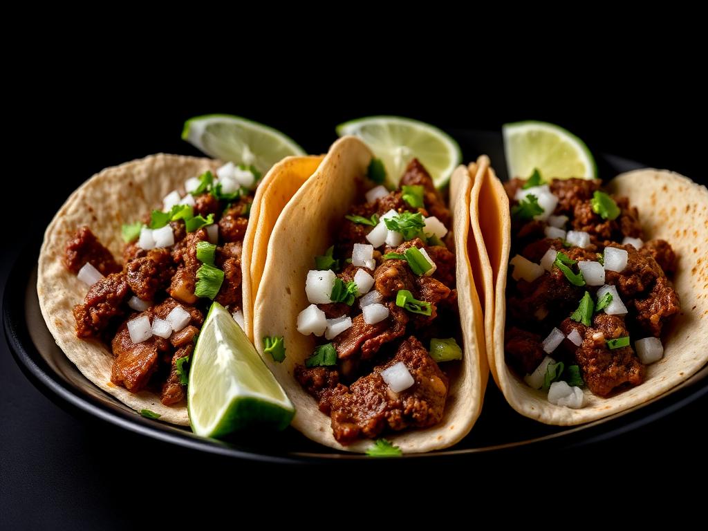 Three street tacos with onions, cilantro, and lime